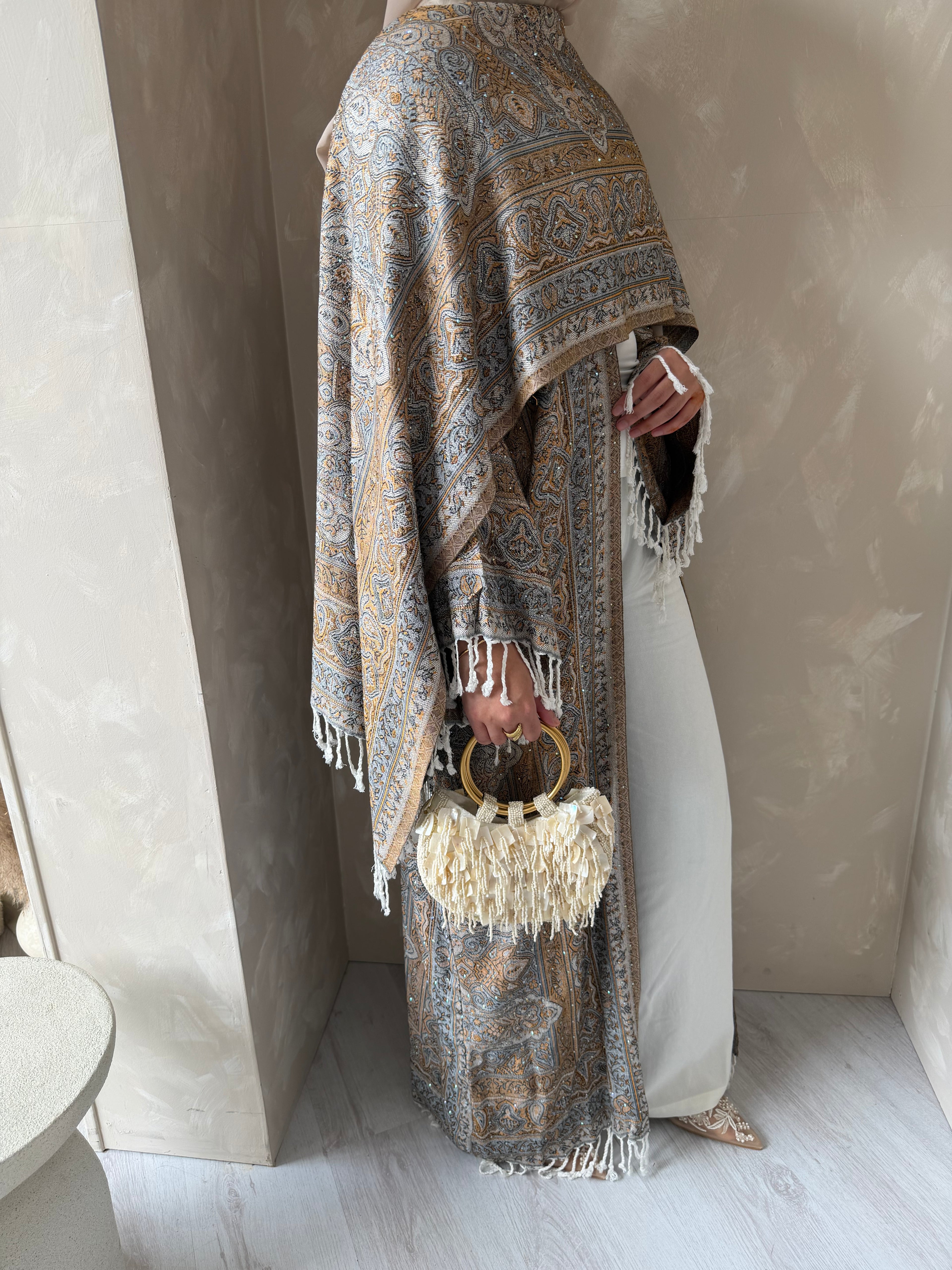 Pashmina - Gold and Blue - With Gem Stones