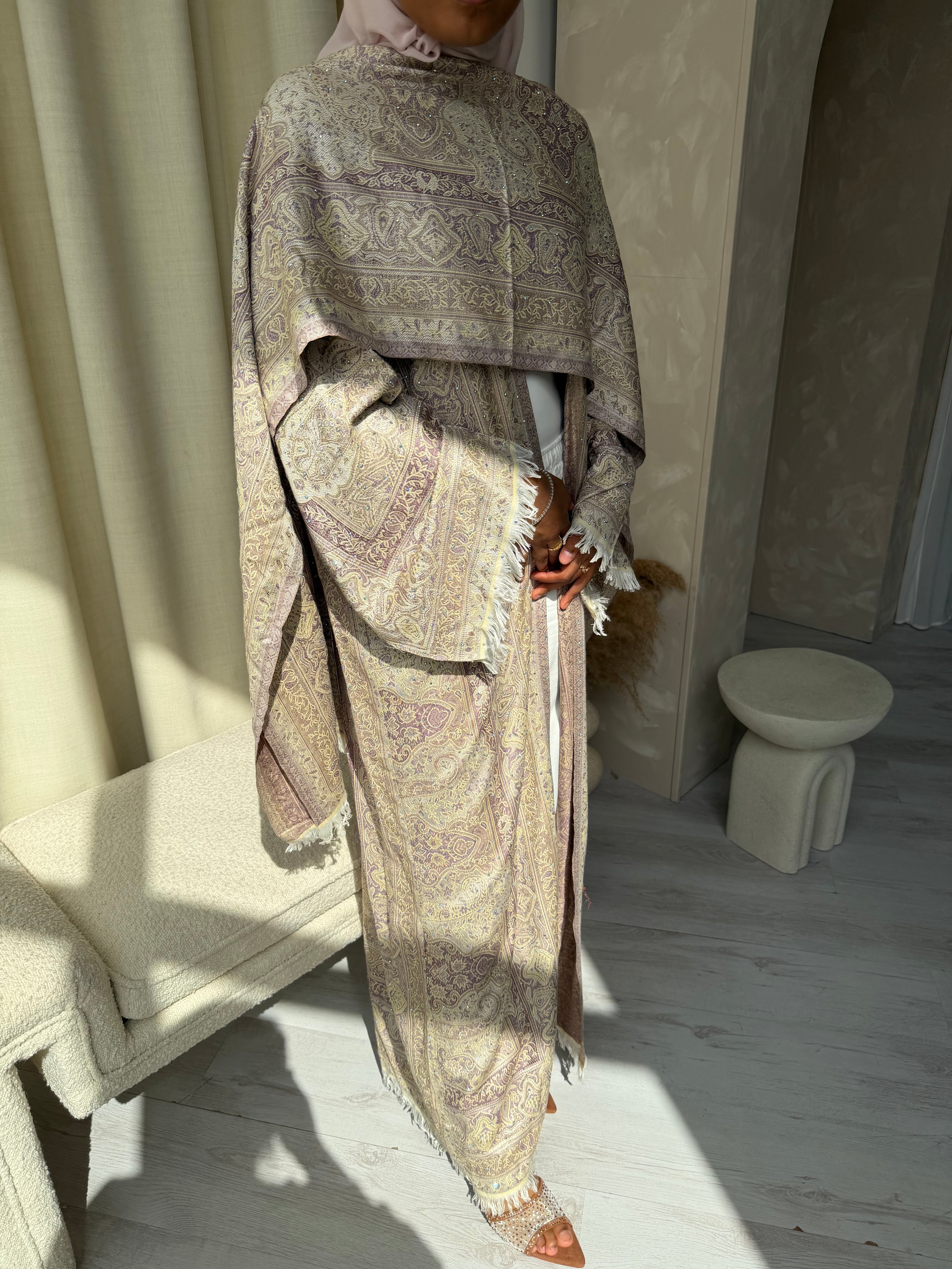 Pashmina - Cream and Mauve - With Gem Stones